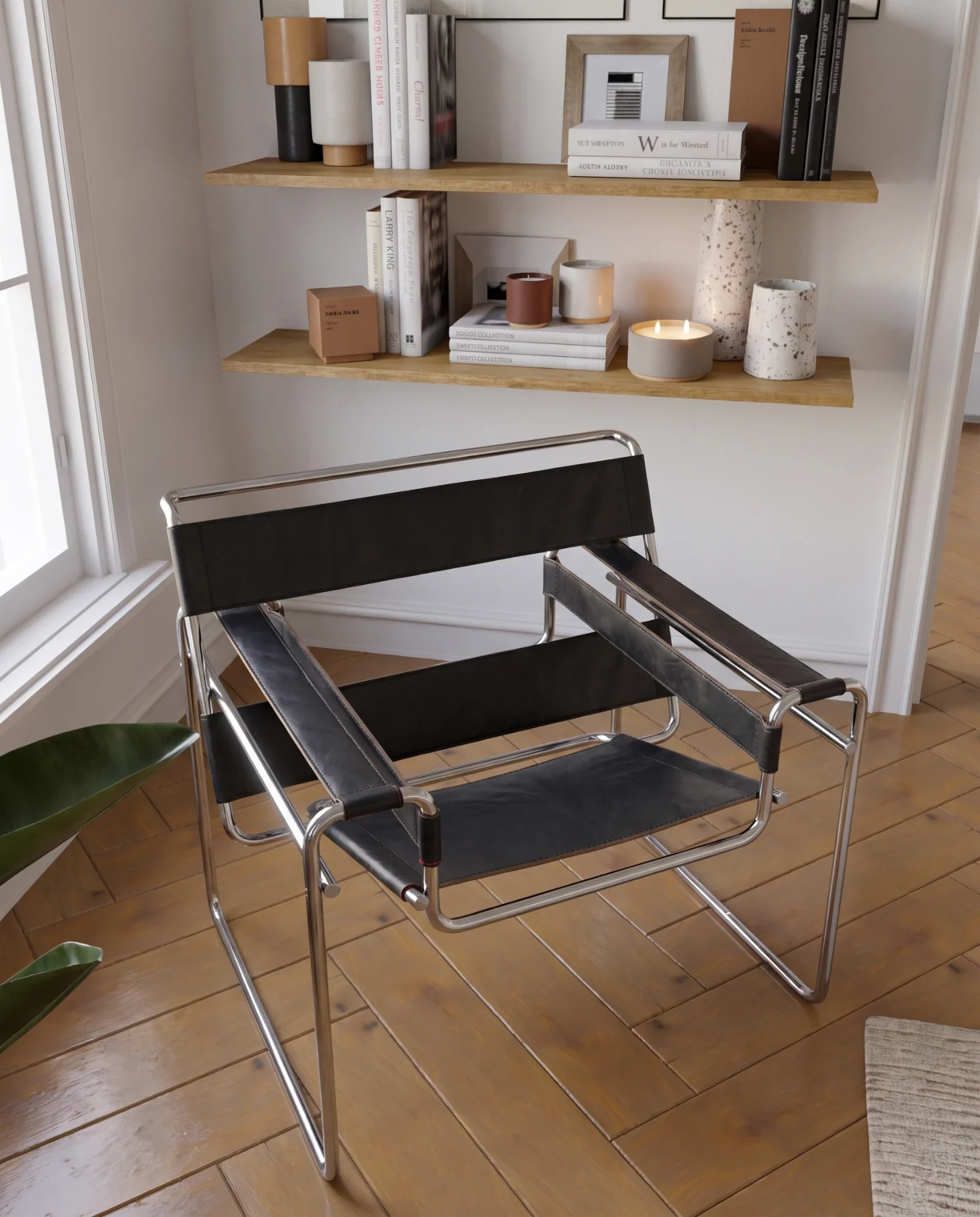 Detay çekim — Wassily koltuk, raflar ve dekor