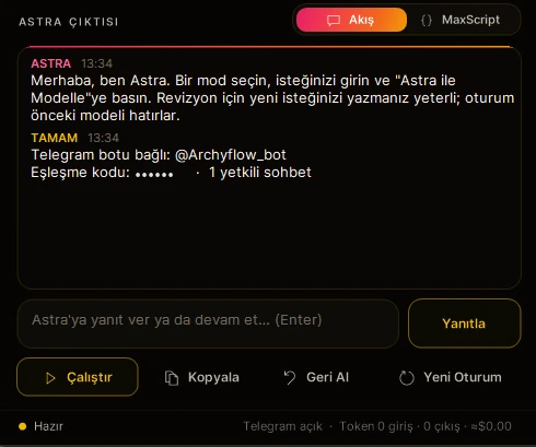 3ds Max Astra paneli: Astra çıktısı, Akış ve MaxScript sekmeleri, Çalıştır, Kopyala, Geri Al ve Yeni Oturum butonları