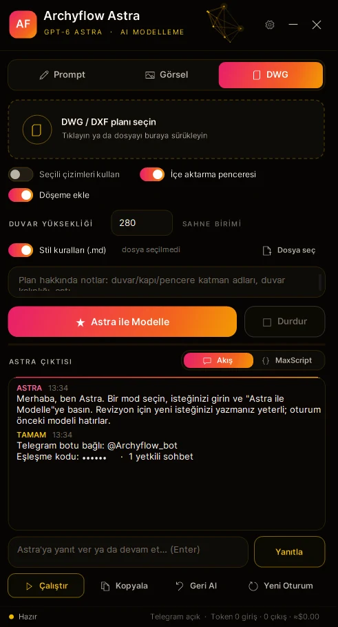3ds Max Astra paneli DWG modunda: DWG/DXF plan seçimi, döşeme ve duvar yüksekliği ayarı