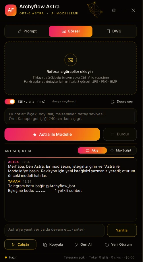 3ds Max Astra paneli Görsel modunda: referans görseller ekleme alanı