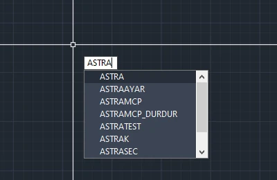 AutoCAD komut satırında ASTRA komutları listesi