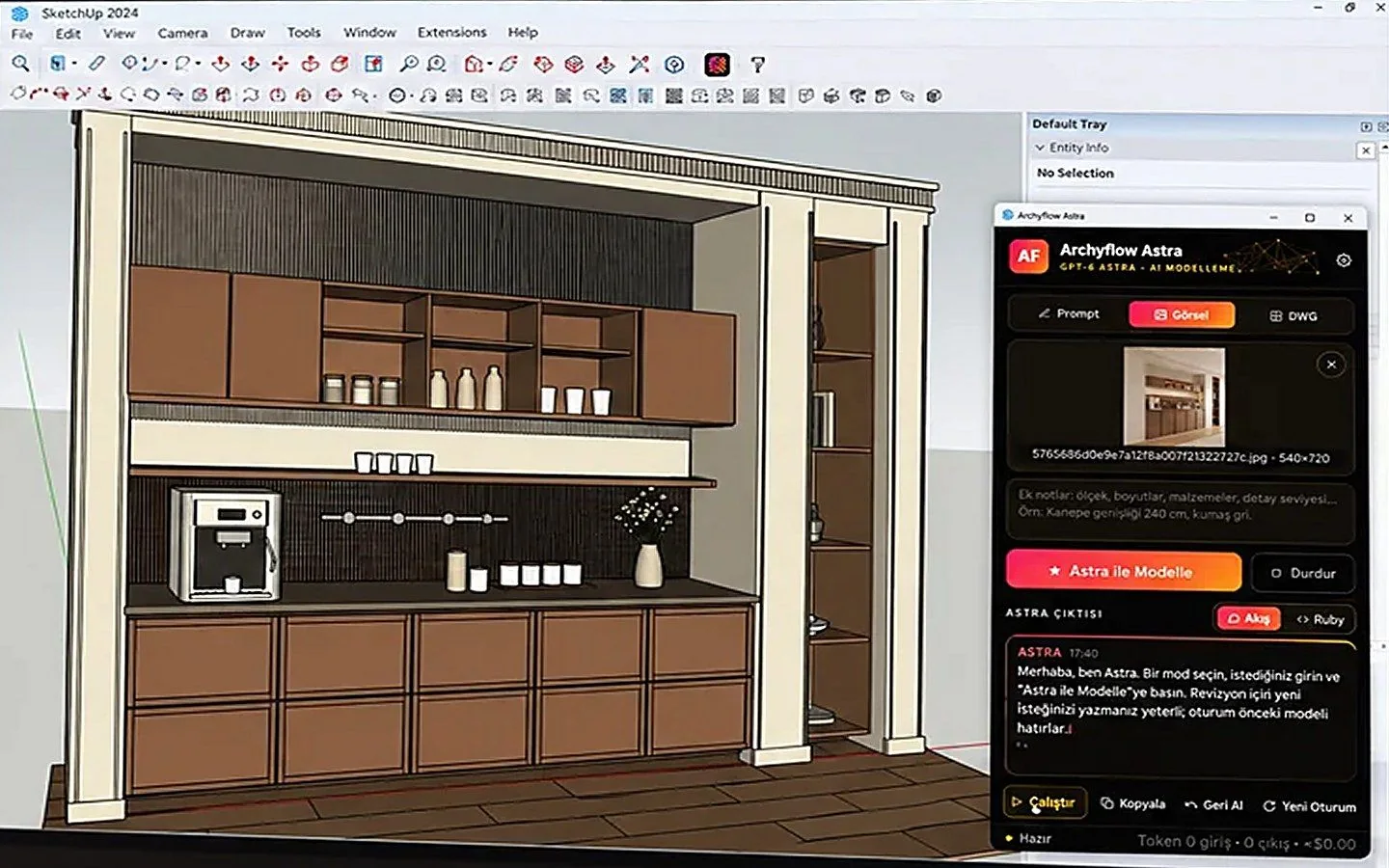 SketchUp 2024 içinde Archyflow Astra paneli ve oluşturulan mutfak modeli