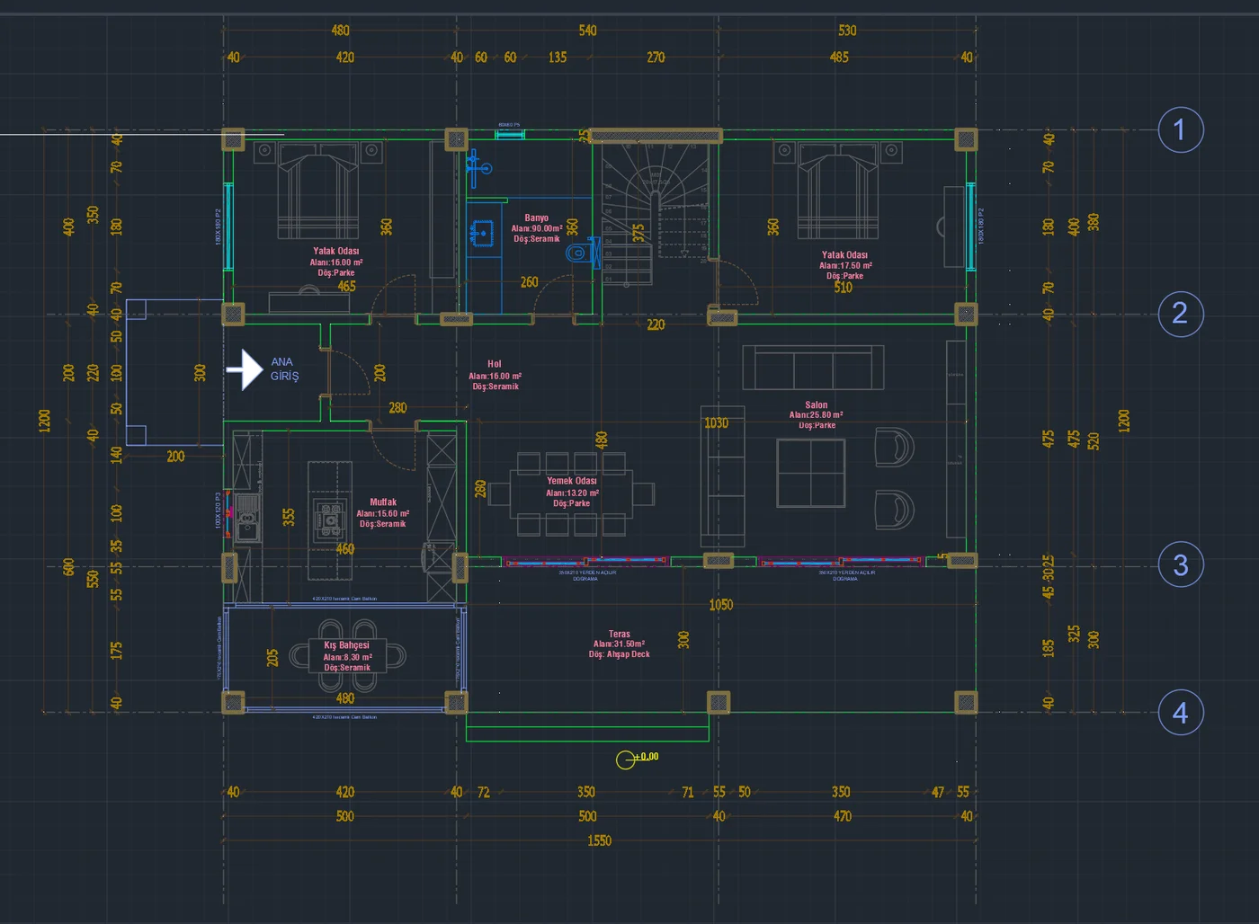 Villanın AutoCAD DWG zemin kat planı