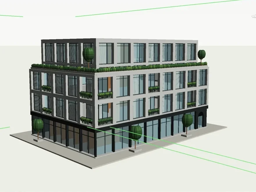 Astra'nın fotoğraftan Revit'te oluşturduğu köşe bina modeli