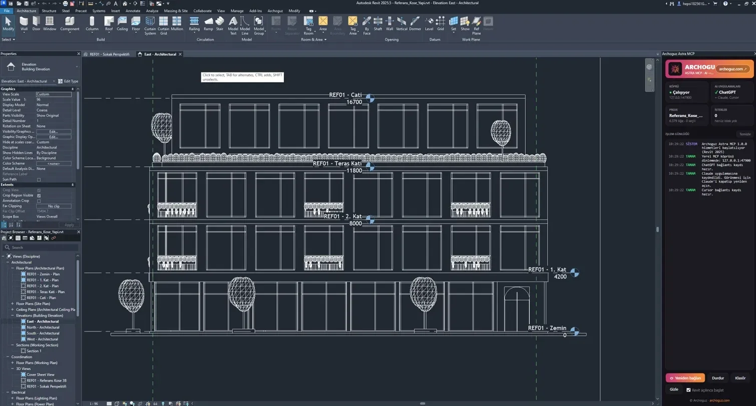 Revit'te doğu cephe görünüşü ve sağda yapışık Archoguz Astra MCP paneli